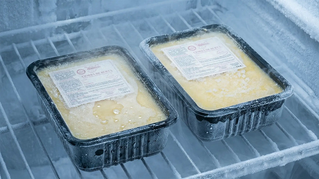 Două caserole de ciorbă de burtă Moromete congelată păstrate la congelator pentru menținerea calității premium timp de 5 luni